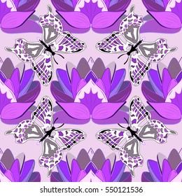 Geometric seamless pattern with flower in blue colors on pink background with butterflies and lilac lotus. Vector.