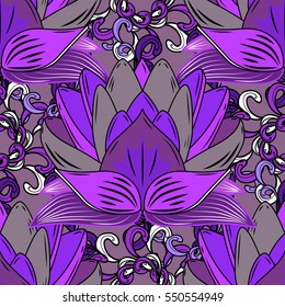 Geometric seamless pattern with flower in blue colors on pink background with blue and lilac lotus.