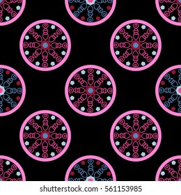 geometric seamless pattern, following an unusual pattern in pink on a black background, vector illustration