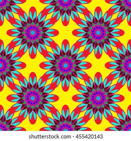 Geometric seamless pattern with fractal flower in red blue and violet colors on yellow background.