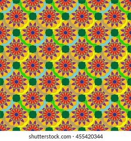 Geometric seamless pattern with fractal flower in yellow and red colors on deep green background.