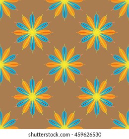 Geometric seamless pattern with fractal flower in blue and orange colors on brown background.