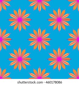 Geometric seamless pattern with fractal flower in orange and pink colors on light blue background.