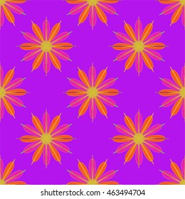 Geometric seamless pattern with fractal flower in pink and red colors on lilac background.