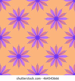 Geometric seamless pattern with fractal flower in lillac colors on orange background.