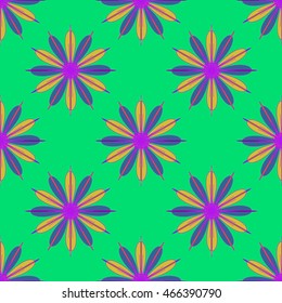 Geometric seamless pattern with fractal flower in blue yellow and violet colors on light green background