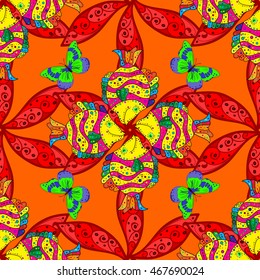 Geometric seamless pattern with fractal flower in red colors on orange background.