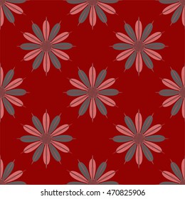 Geometric seamless pattern with fractal flower grey and red colors.