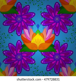 Geometric seamless pattern with fractal flower in blue colors on lilac background with colorful lotus.