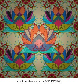 Geometric seamless pattern with fractal flower in blue colors on lilac background with colorful lotus.