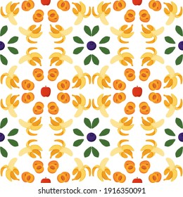 Geometric seamless pattern with fruits - banana, apricot, apple, blueberry and green leaf. Food fashion in cartoon style. Healthy food background.