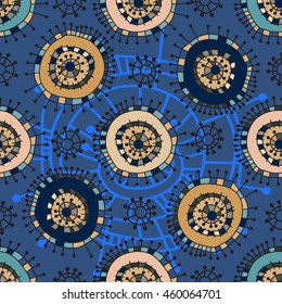 Geometric seamless pattern. Funky colorful circles abstract shapes drawn by hand, vector texture.