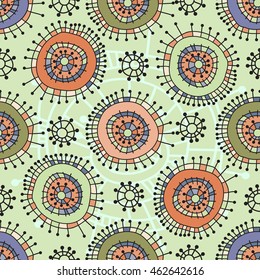 Geometric seamless pattern. Funky colorful circles abstract shapes drawn by hand, vector texture.