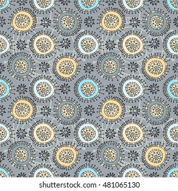 Geometric seamless pattern. Funky colorful circles abstract shapes drawn by hand, vector texture.