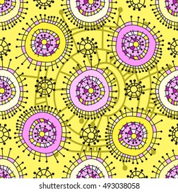 Geometric seamless pattern. Funky colorful circles abstract shapes drawn by hand, vector texture.
