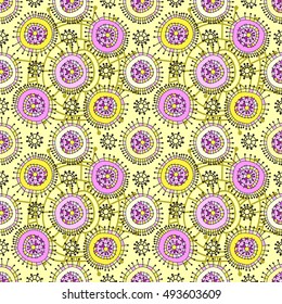 Geometric seamless pattern. Funky colorful circles abstract shapes drawn by hand, vector texture.