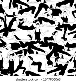 Geometric seamless pattern of a girl doing yoga in various poses