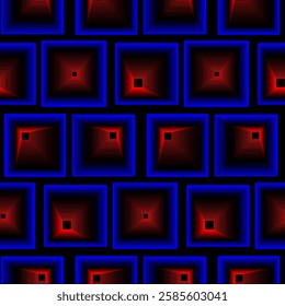 Geometric seamless pattern with glowing red-blue squares, forming an optical depth effect. Perfect for digital design, futuristic themes, and textile prints.