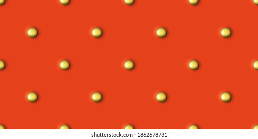 Geometric Seamless Pattern with gold balls on a red background. Texture with golden round spheres. Design Template for packaging, cards, holiday decoration, textile, wallpaper, interior. Vector