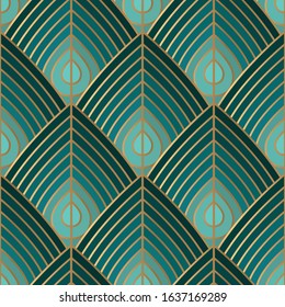 Geometric seamless pattern with gold and blue colors. Art deco style