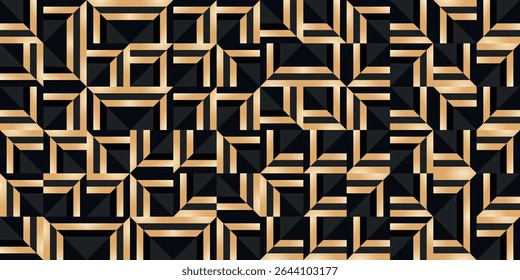 Geometrisches nahtloses Muster mit Gold und bunten Elementen. Luxuriöser Hintergrund. Dekorative Tapete Detail aus Mosaik. Art Deco Einladung Gruß Design. Vektorgrafik.