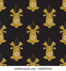 Geometric seamless pattern with gold glitter textured bells on the black background.