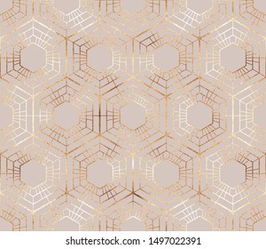 Geometric seamless pattern with gold hexagon tiles.