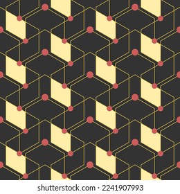 Geometric seamless pattern with gold lines and pink dots on dark background