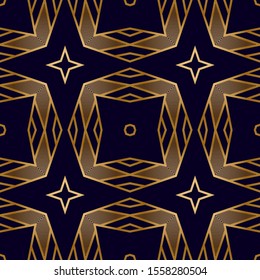 Geometric Seamless Pattern with Gold on Black. Nouveau Print Texture. Art Deco Pattern with Mosaic Lines and Stripes. Chic Print Texture. Luxury Decorative Background.