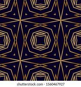 Geometric Seamless Pattern with Gold on Black. Retro Background in Elegant Chic Style. Geometric Tiles Pattern with Ornamental Lines. Elegant Decorative Texture. Retro Mosaic Background.