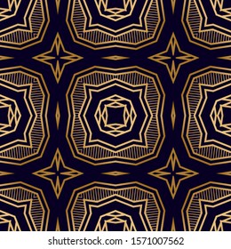 Geometric Seamless Pattern with Gold on Black. Fashion Vintage Ornament. Geometric Tiles Pattern with Ornamental Lines. Vintage Decor Texture. Fashion Lattice Ornament.