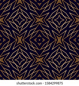Geometric Seamless Pattern with Gold on Black. Nouveau Print Texture. Geometric Lattice Pattern with Gold. Elegant Decorative Texture. Fashion Lattice Ornament.