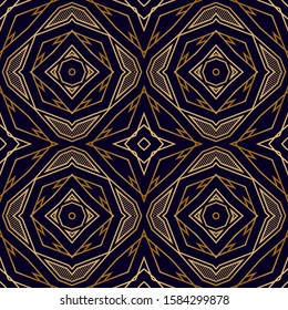 Geometric Seamless Pattern with Gold on Black. Retro Background in Elegant Chic Style. Seamless Pattern in Art Deco Style with Gold. Vintage Interior Texture. Luxury Decorative Background.