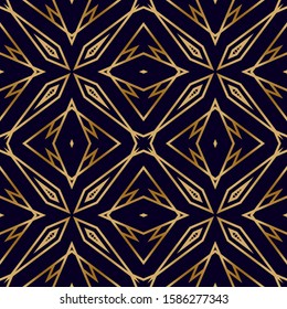 Geometric Seamless Pattern with Gold on Black. Fashion Vintage Ornament. Geometric Lattice Pattern with Gold. Chic Print Texture. Luxury Decorative Background.