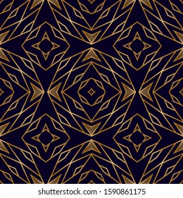 Geometric Seamless Pattern with Gold on Black. Fashion Retro Background. Art Deco Pattern with Mosaic Lines and Stripes. Vintage Decor Texture. Fashion Lattice Ornament.