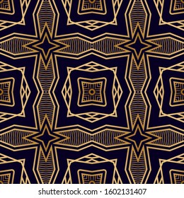 Geometric Seamless Pattern with Gold on Black. Vintage Fashion Texture. Geometric Tiles Pattern with Ornamental Lines. Vintage Decor Texture. Fashion Lattice Ornament.