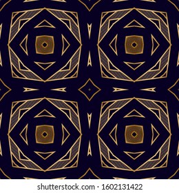 Geometric Seamless Pattern with Gold on Black. Vintage Fashion Texture. Art Deco Pattern with Mosaic Lines and Stripes. Elegant Decorative Texture. Ornament with Mosaic Shapes.