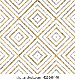 Geometric seamless pattern of gold silver diagonal lines or strokes, abstract seamless background of golden silvery rhombus, square, vector for paper, card, invitation, wrapping, textile, web design