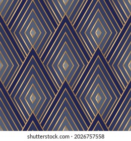 Geometric seamless pattern with golden and blue elements. Vector illustration. Fabric print. Art deco style.