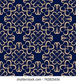 Geometric seamless pattern. Golden blue abstract background for textile and fabrics