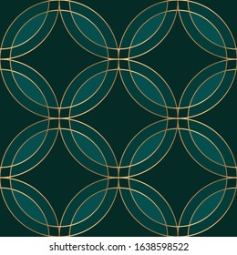 Geometric seamless pattern with golden circles on green. Art deco style