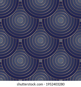 Geometric seamless pattern with golden circles on blue. Vector illustration. 