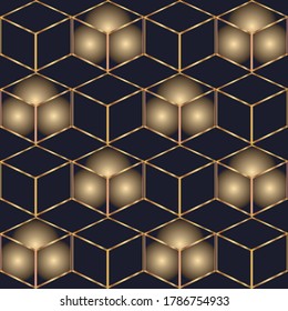 Geometric seamless pattern. Golden cubes with balls on a dark blue background.