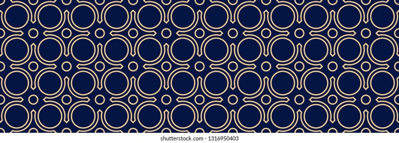 Geometric seamless pattern. Golden design on long dark blue background