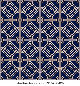  Geometric seamless pattern. Golden design on dark blue backdrop