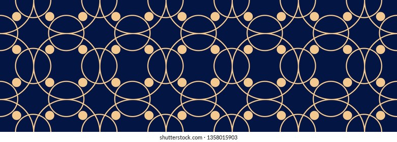 Geometric seamless pattern. Golden design on long dark blue background