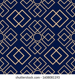 Geometric seamless pattern. Golden design on dark blue backdrop. Vector illustration