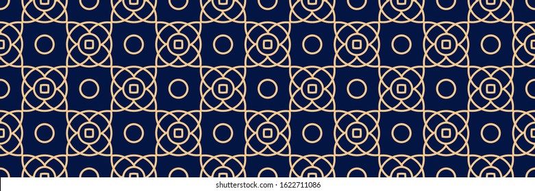 Geometric seamless pattern. Golden design on long dark blue background. Vector illustration