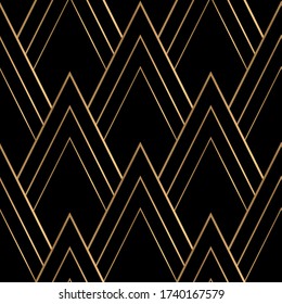 Geometric seamless pattern with golden elements on black background. Art deco style. Vector illustration. 