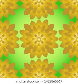 Geometric seamless pattern of Golden glowing flowers on green glowing background